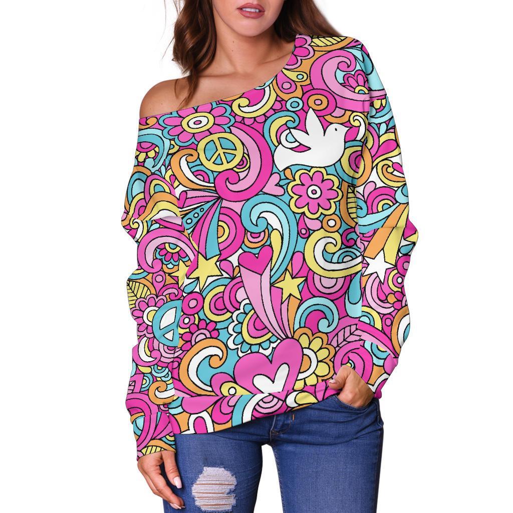 Psychedelic Pattern Print Women Off Shoulder Sweatshirt-grizzshop