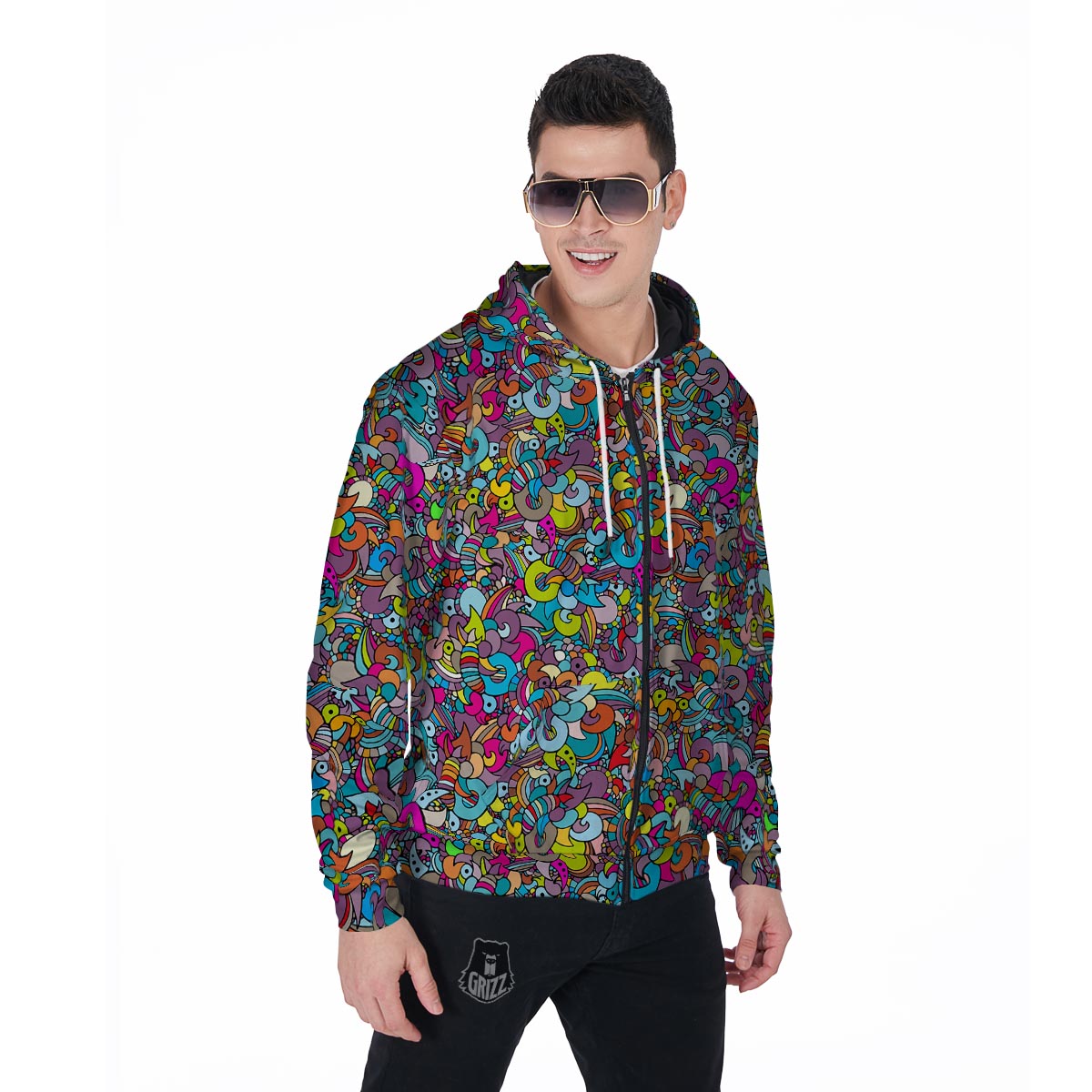 Psychedelic Print Men's Zip Up Hoodie-grizzshop