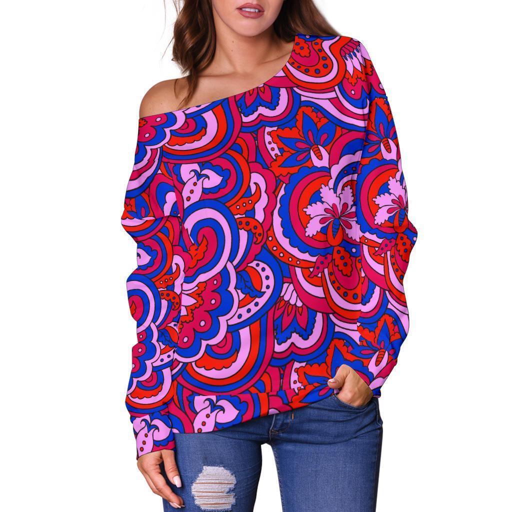 Psychedelic Print Pattern Women Off Shoulder Sweatshirt-grizzshop