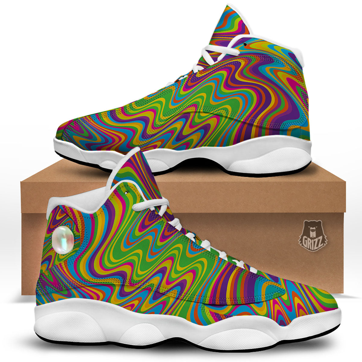Psychedelic Rainbow Print Pattern White Basketball Shoes-grizzshop