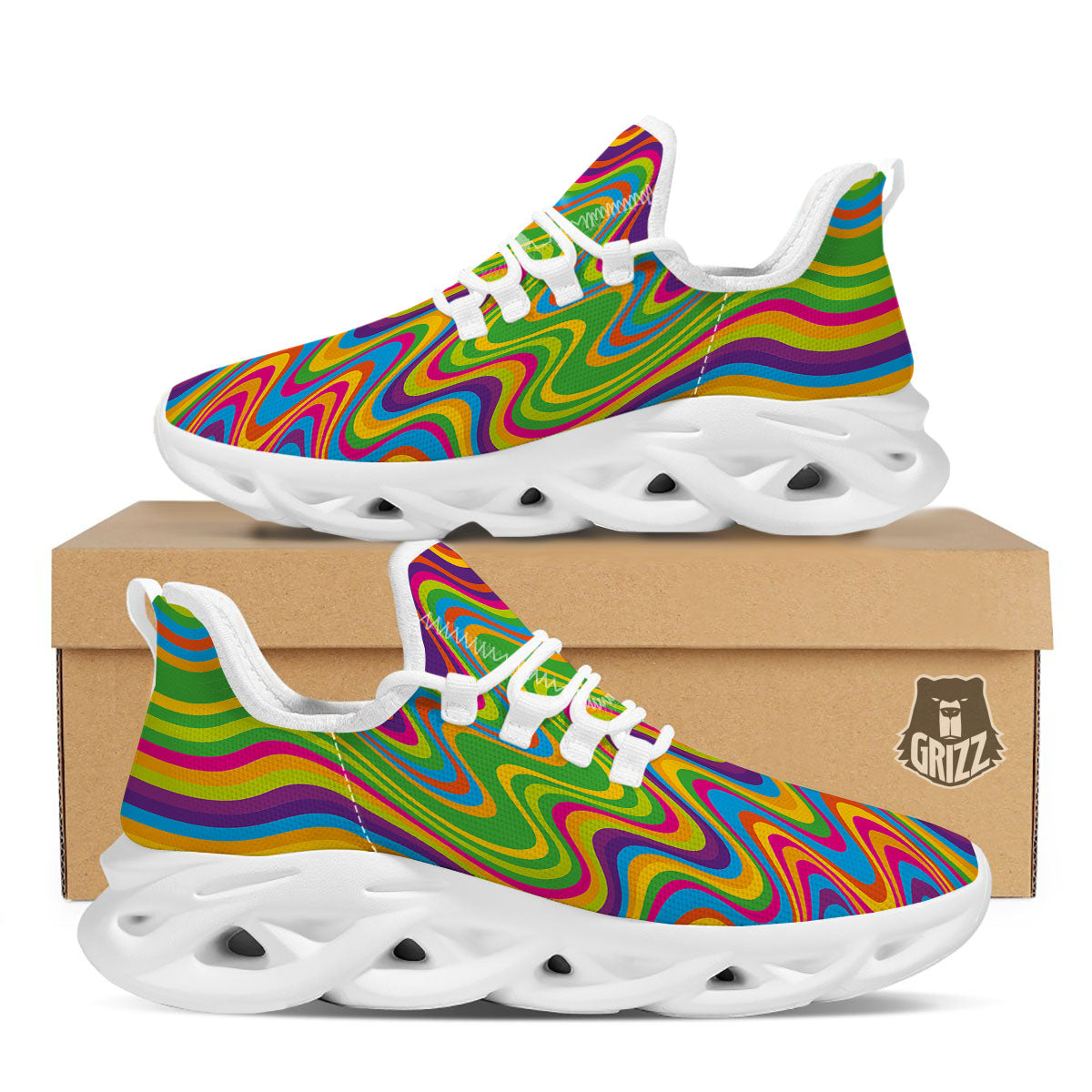 Psychedelic Rainbow Print Pattern White Running Shoes-grizzshop