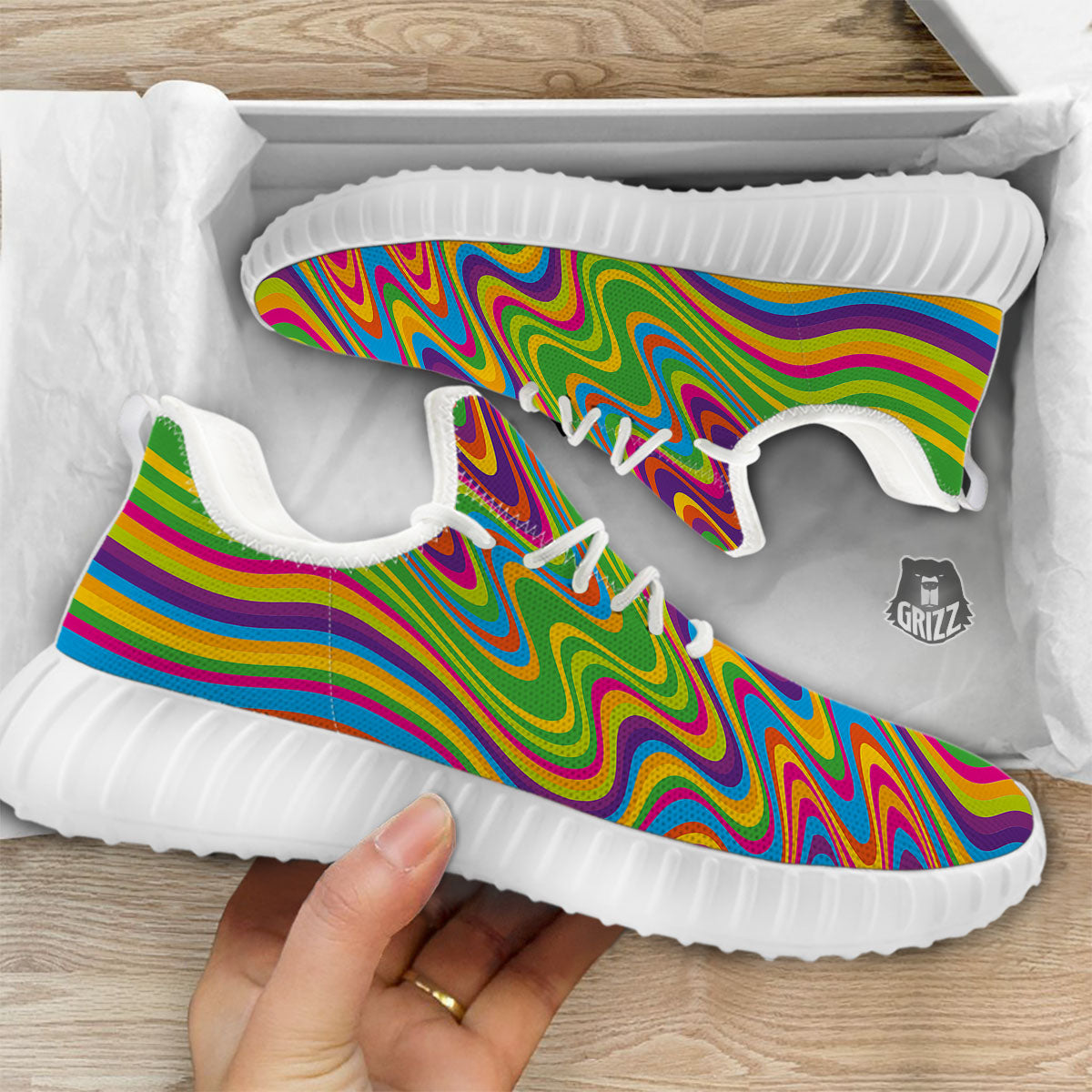 Psychedelic Rainbow Print Pattern White Walking Shoes-grizzshop