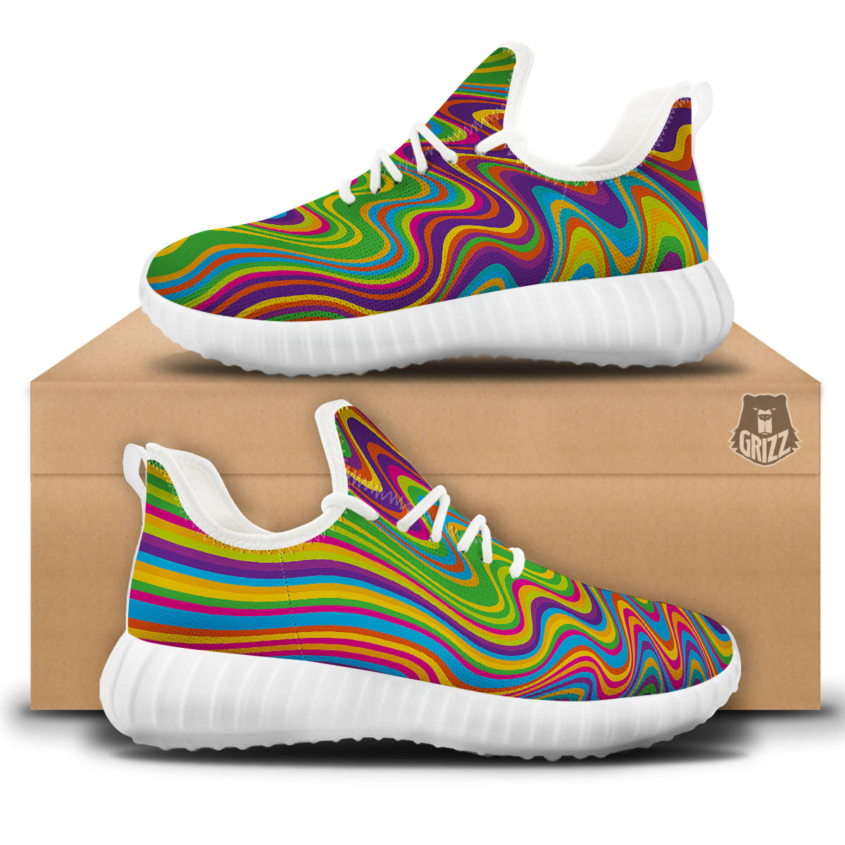 Psychedelic Rainbow Print Pattern White Walking Shoes-grizzshop