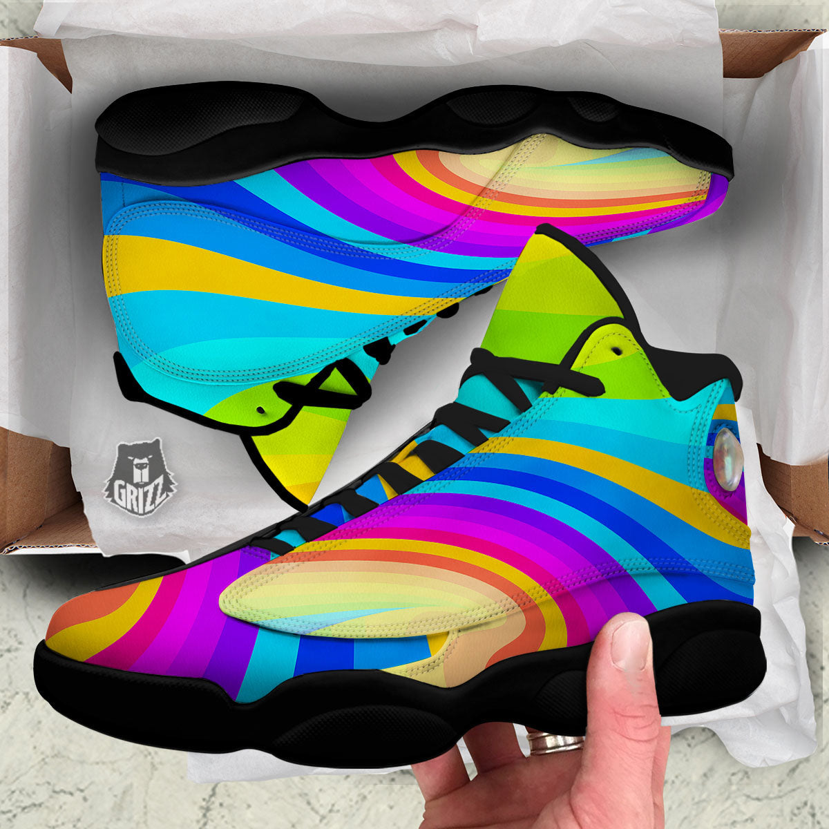 Psychedelic Rainbow Torus Print Black Basketball Shoes-grizzshop