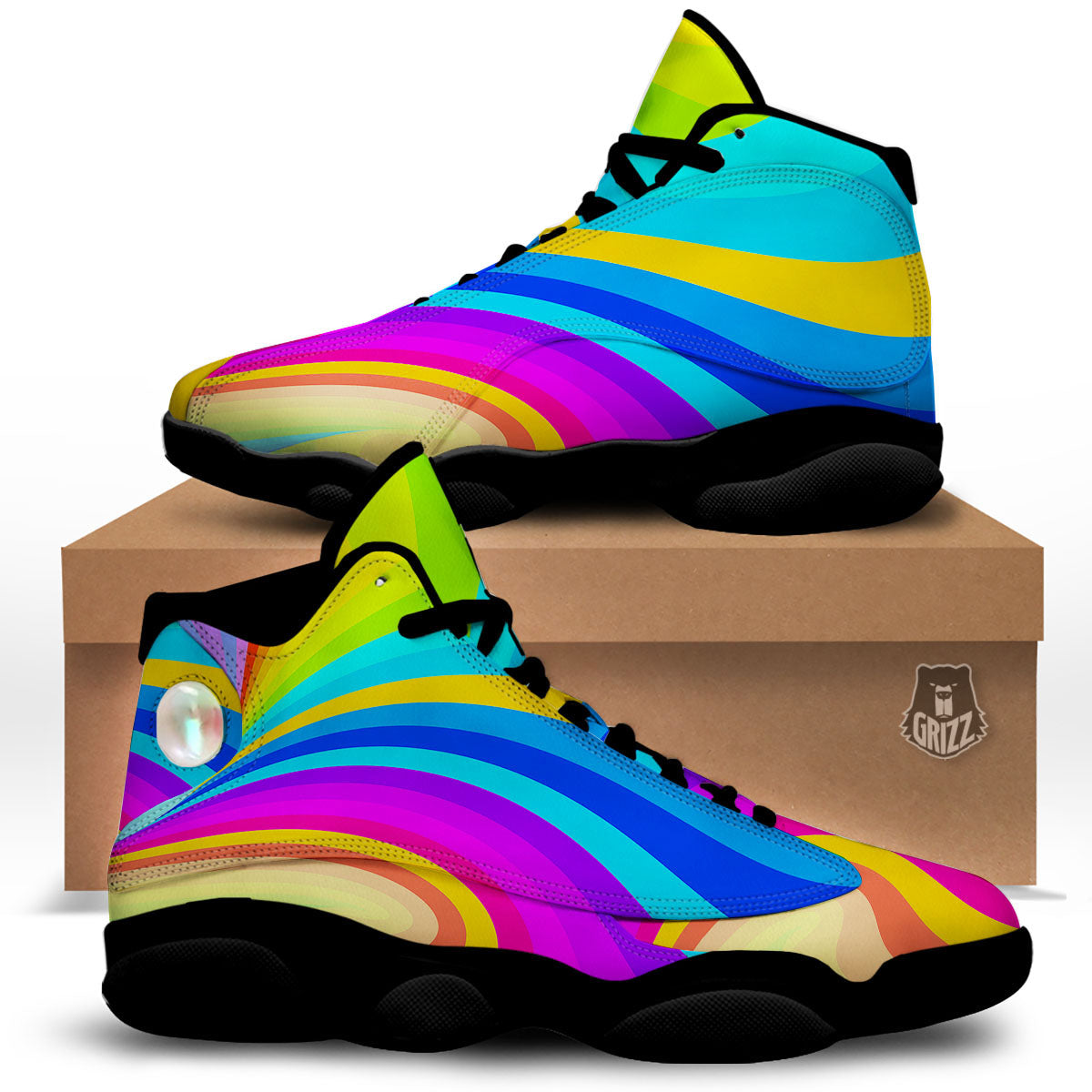 Psychedelic Rainbow Torus Print Black Basketball Shoes-grizzshop
