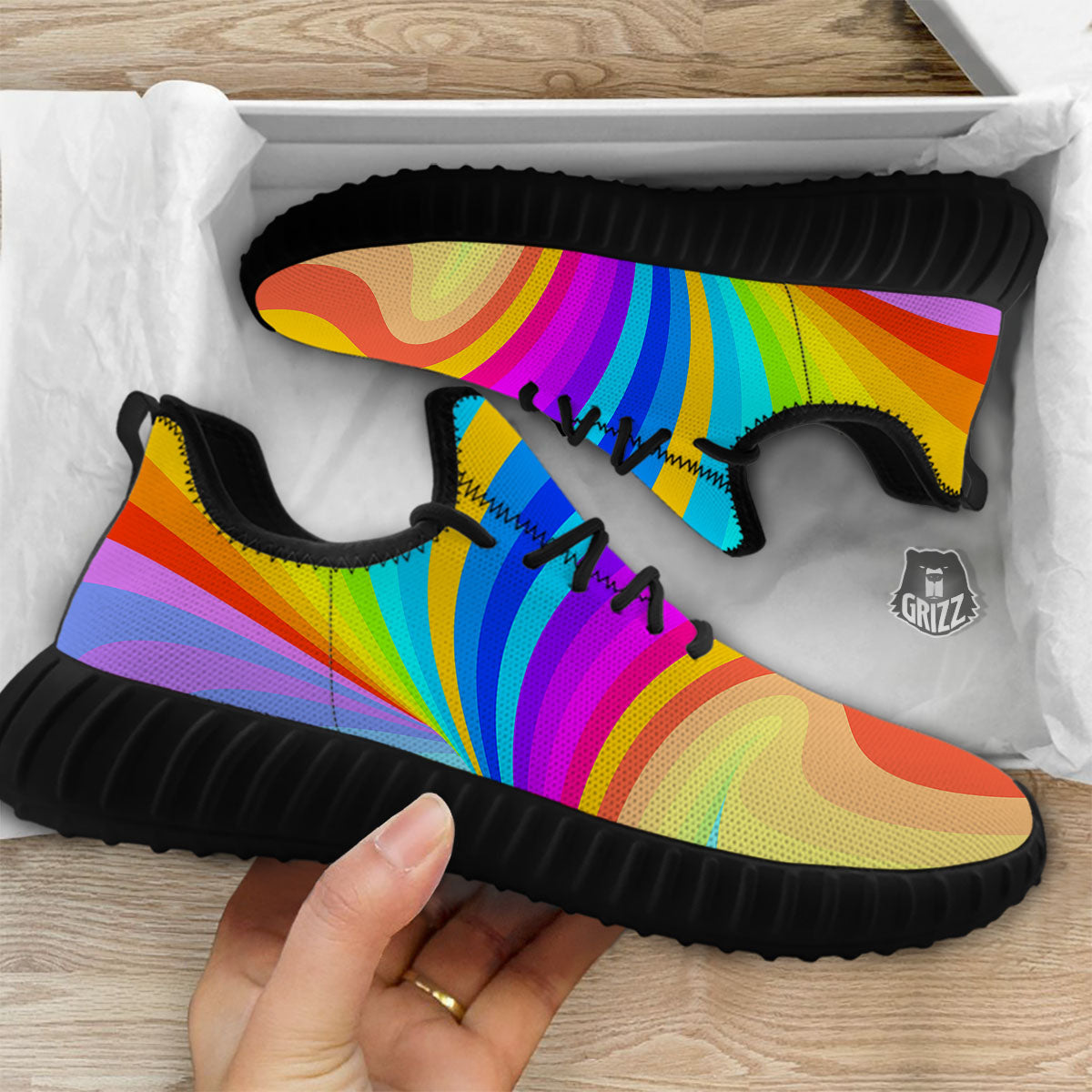 Psychedelic Rainbow Torus Print Black Walking Shoes-grizzshop