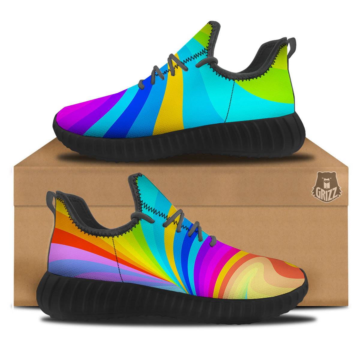 Psychedelic Rainbow Torus Print Black Walking Shoes-grizzshop