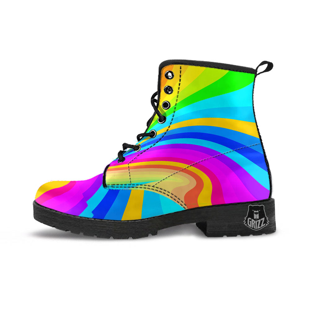 Psychedelic Rainbow Torus Print Leather Boots-grizzshop