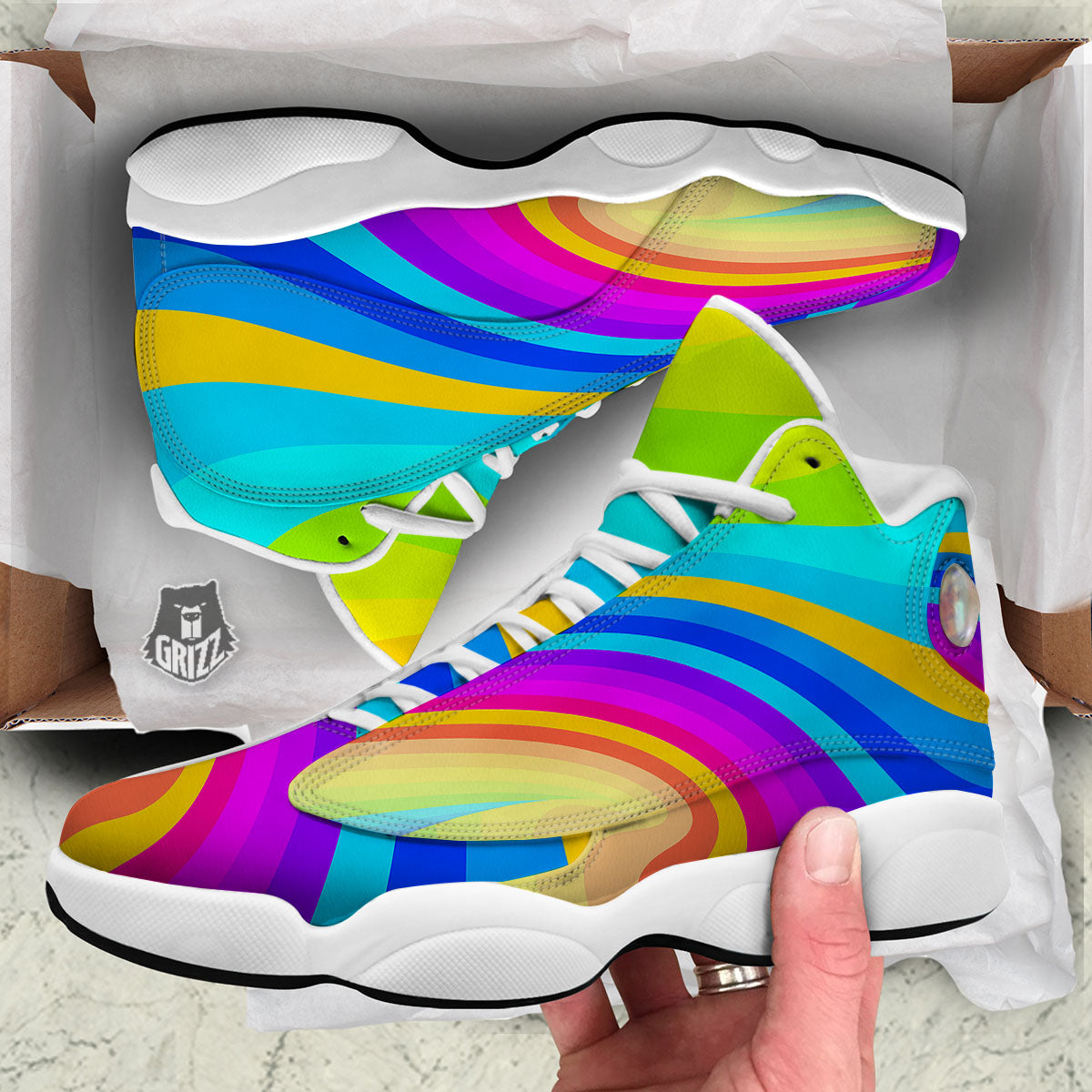 Psychedelic Rainbow Torus Print White Basketball Shoes-grizzshop