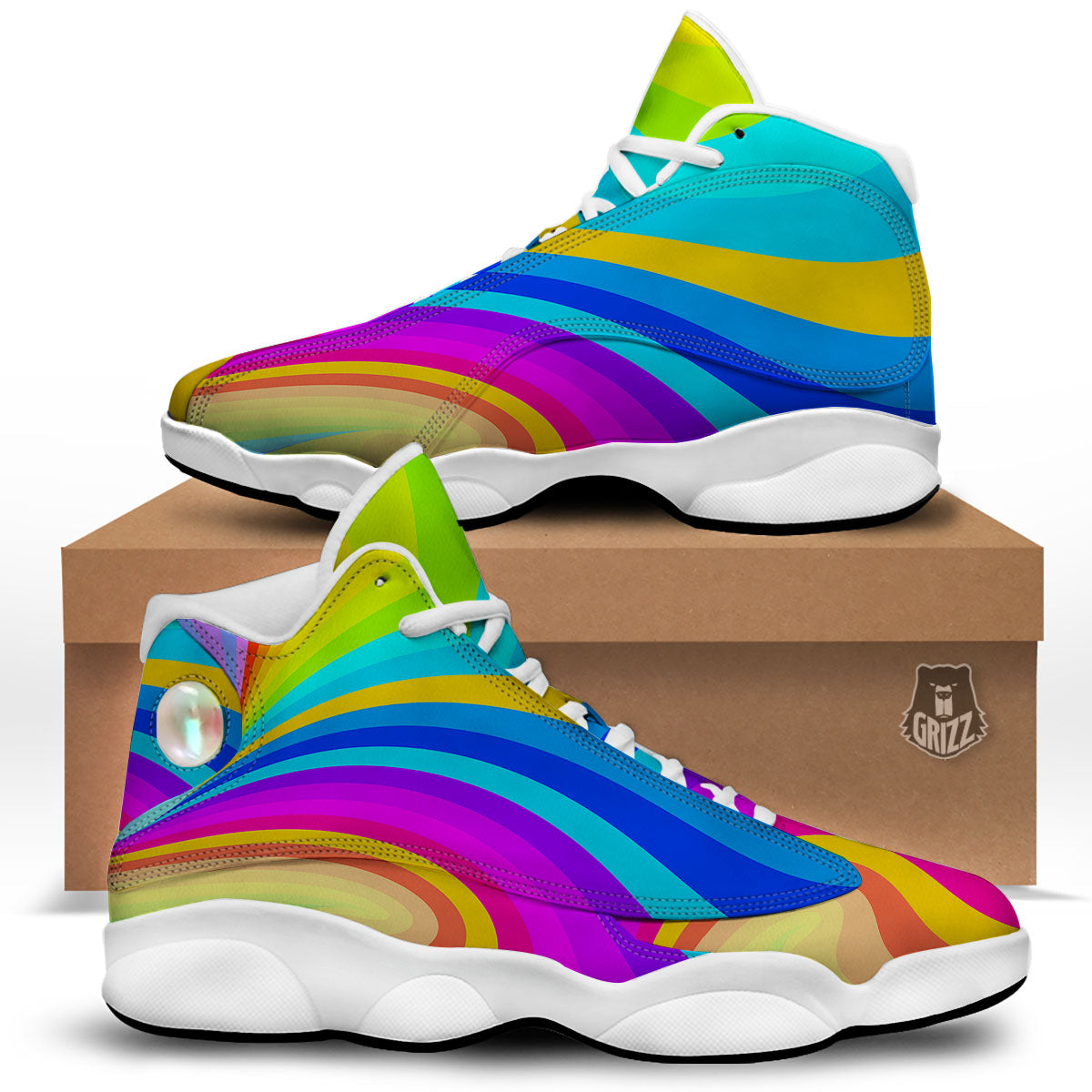 Psychedelic Rainbow Torus Print White Basketball Shoes-grizzshop