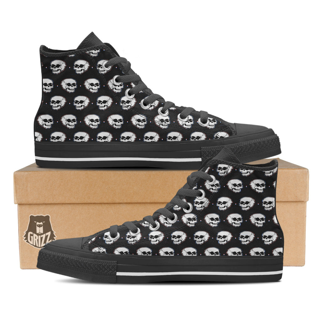 Psychedelic Skull Glitch Print Pattern Black High Top Shoes-grizzshop