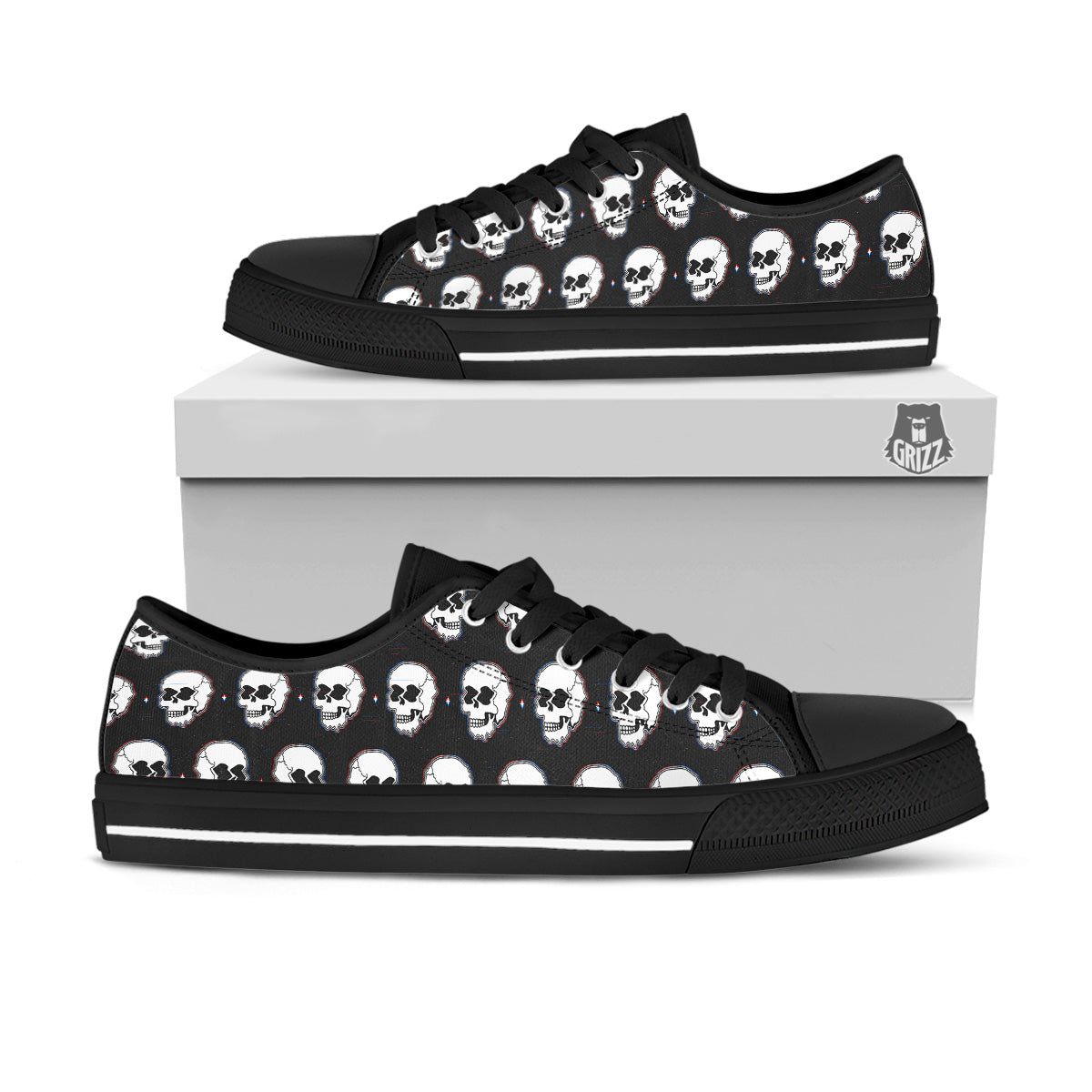 Psychedelic Skull Glitch Print Pattern Black Low Top Shoes-grizzshop