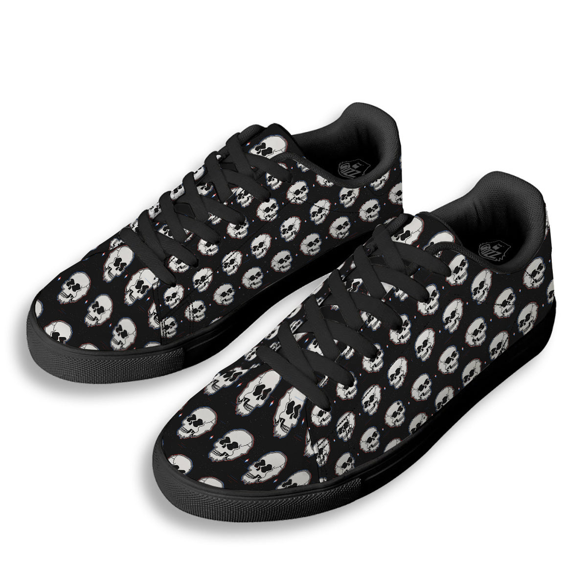 Psychedelic Skull Glitch Print Pattern Black Low Top Sneakers-grizzshop