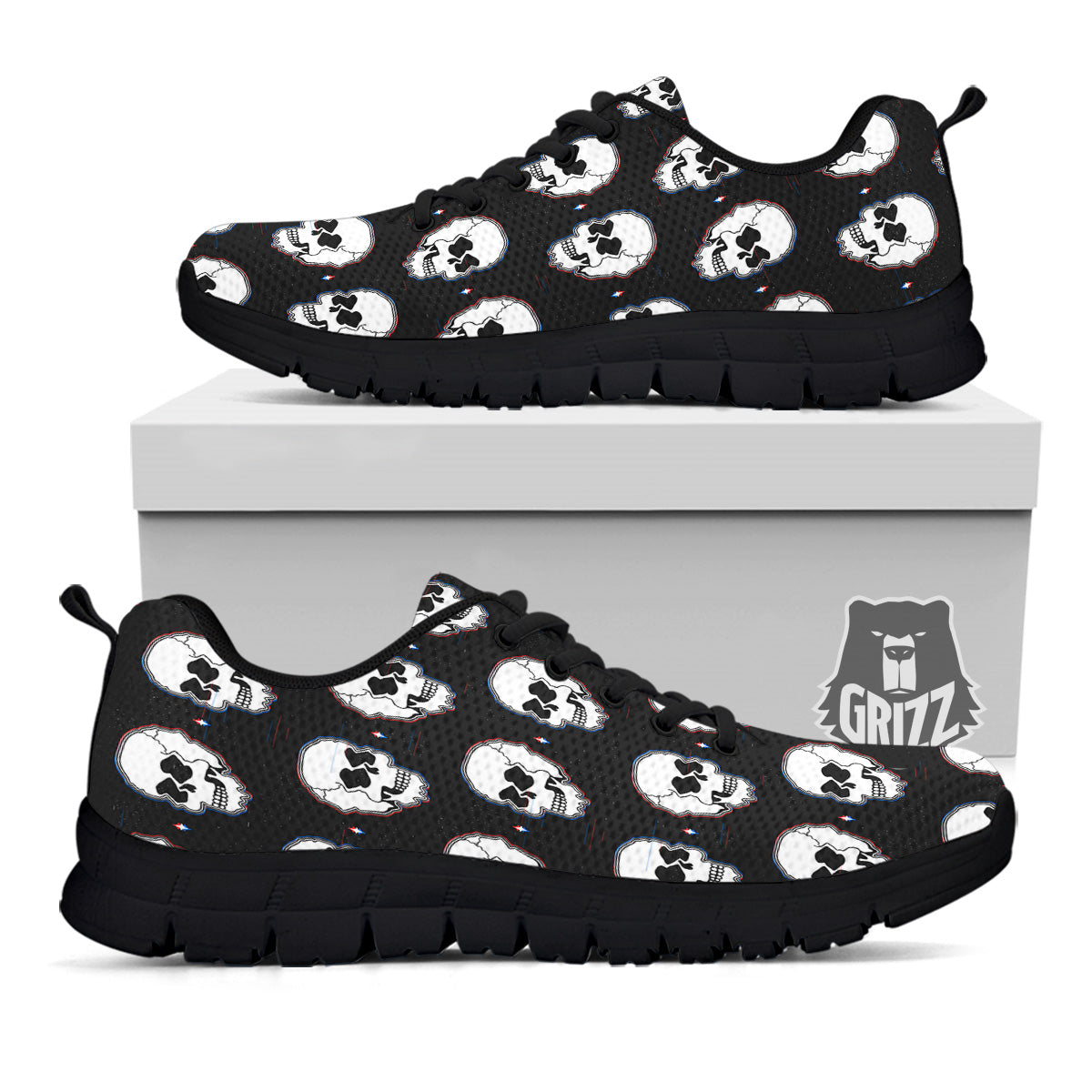 Psychedelic Skull Glitch Print Pattern Black Sneaker-grizzshop