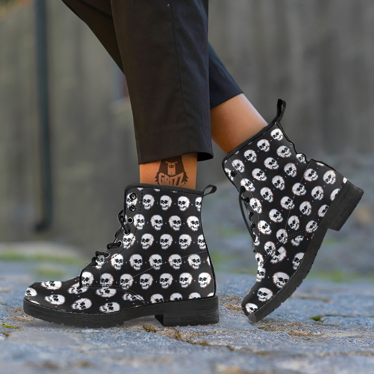 Psychedelic Skull Glitch Print Pattern Leather Boots-grizzshop