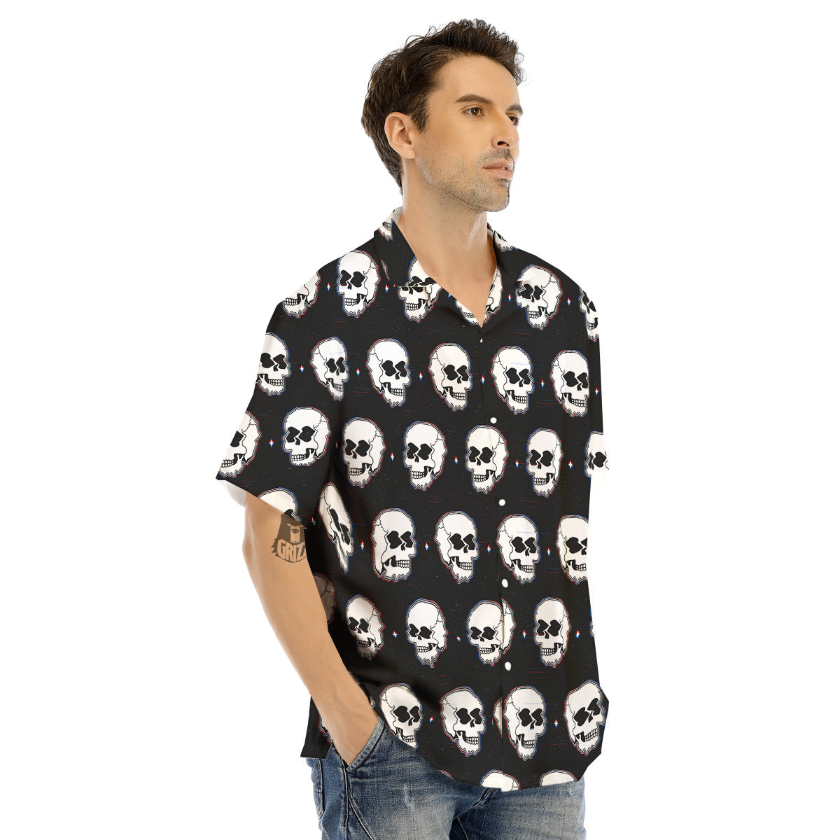 Psychedelic Skull Glitch Print Pattern Men's Hawaiian Shirt-grizzshop
