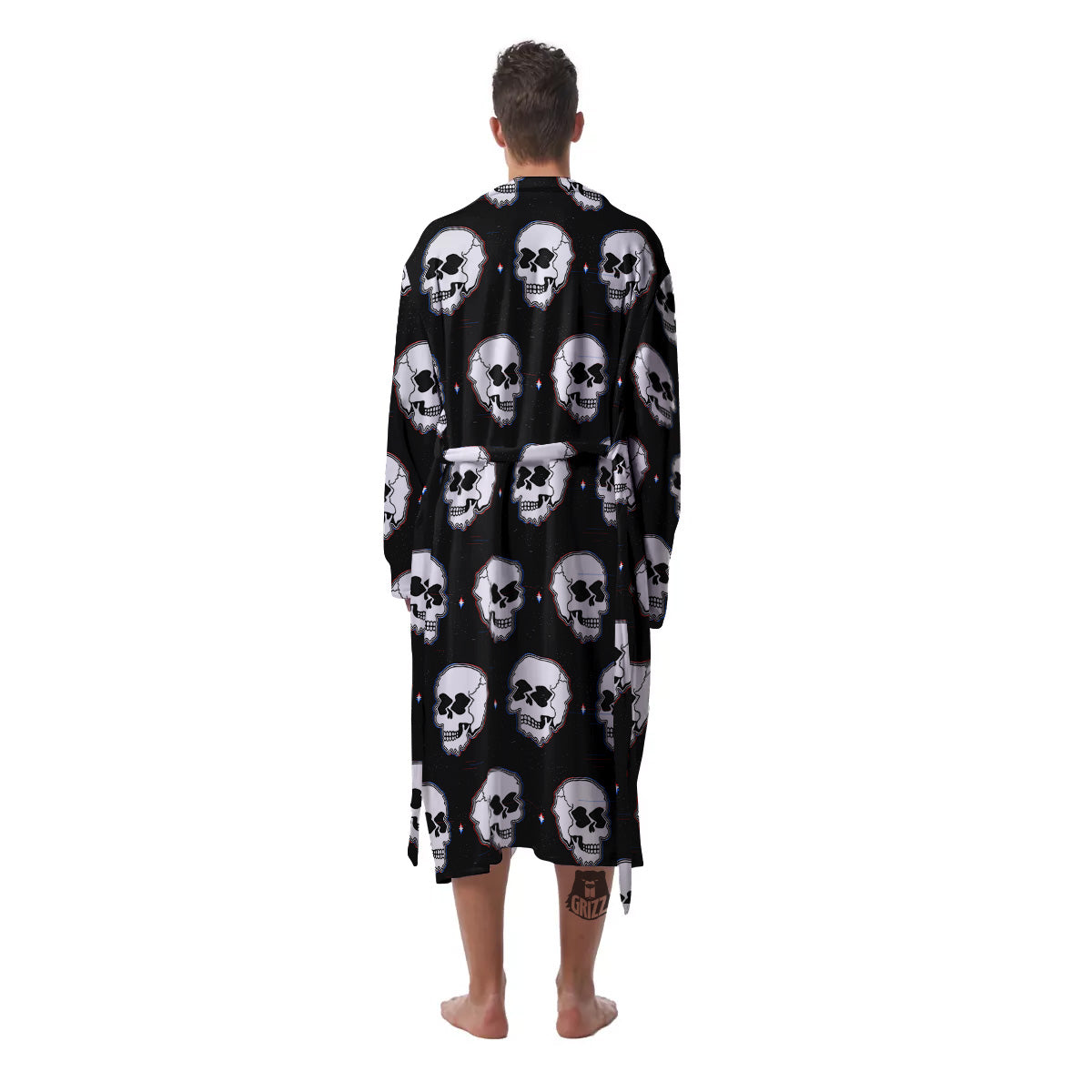 Psychedelic Skull Glitch Print Pattern Men's Robe-grizzshop