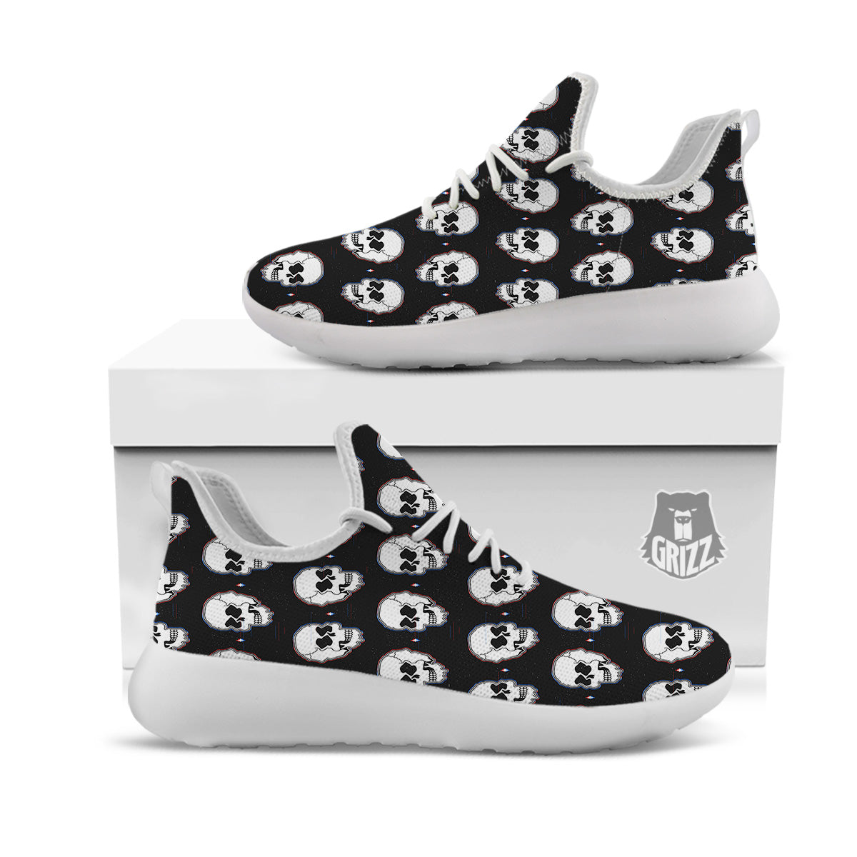 Psychedelic Skull Glitch Print Pattern White Athletic Shoes-grizzshop