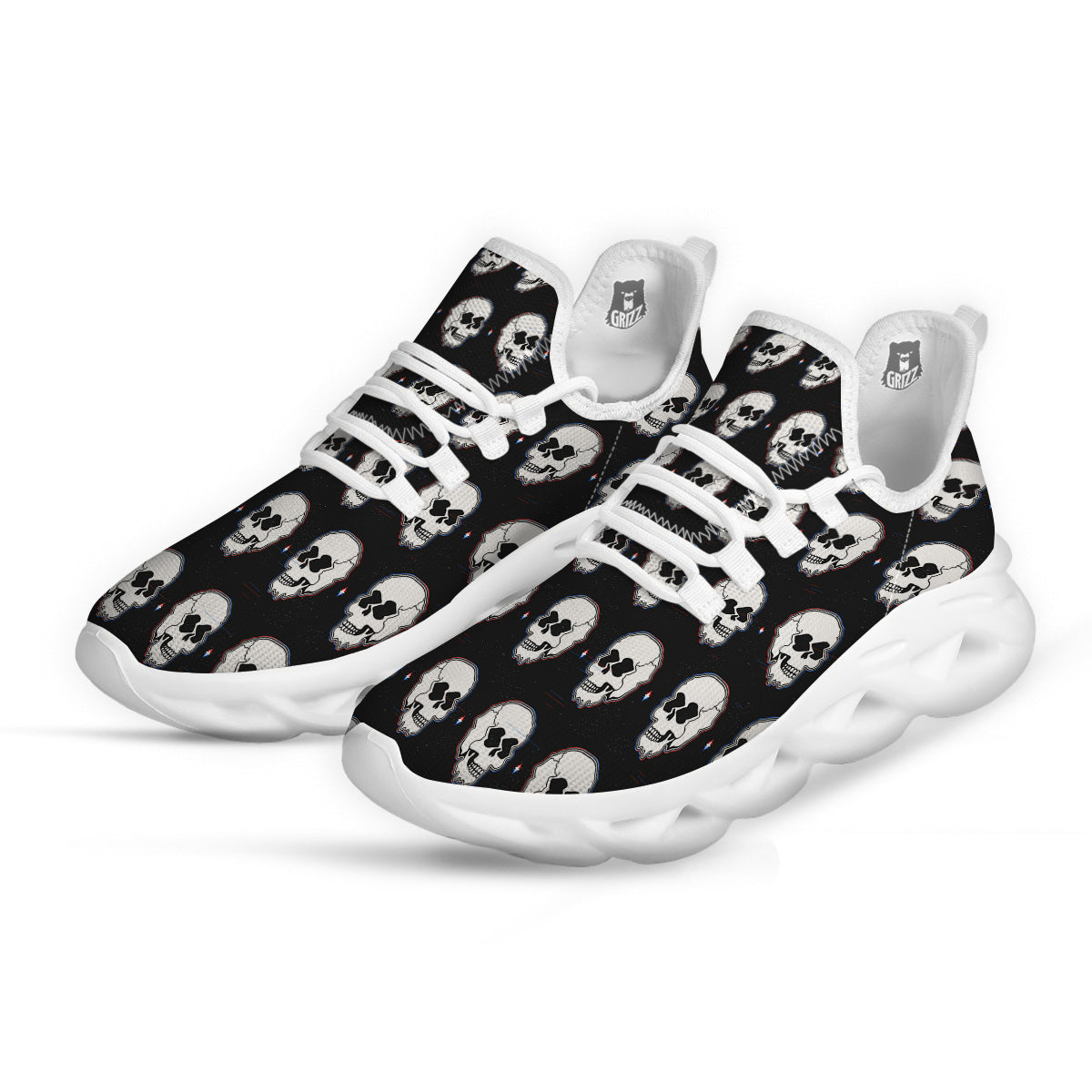 Psychedelic Skull Glitch Print Pattern White Running Shoes-grizzshop