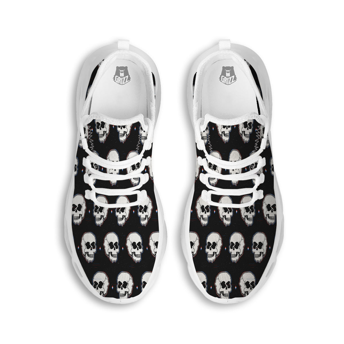 Psychedelic Skull Glitch Print Pattern White Running Shoes-grizzshop