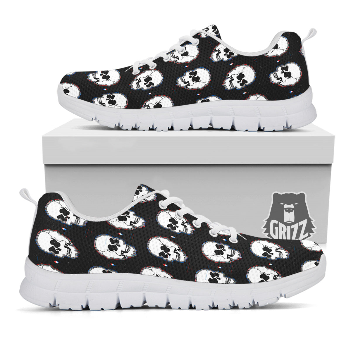 Psychedelic Skull Glitch Print Pattern White Sneaker-grizzshop