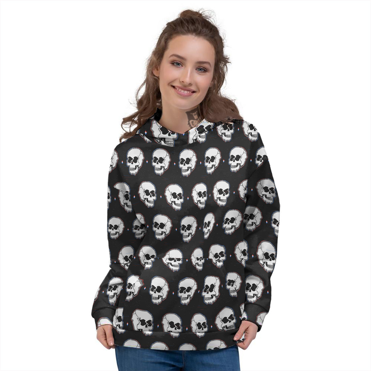Psychedelic Skull Glitch Print Pattern Women's Hoodie-grizzshop