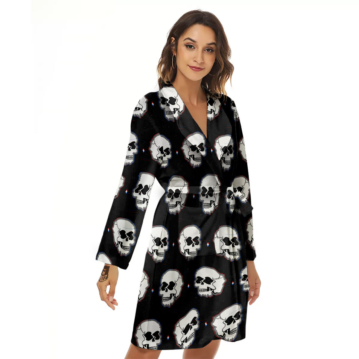 Psychedelic Skull Glitch Print Pattern Women's Robe-grizzshop