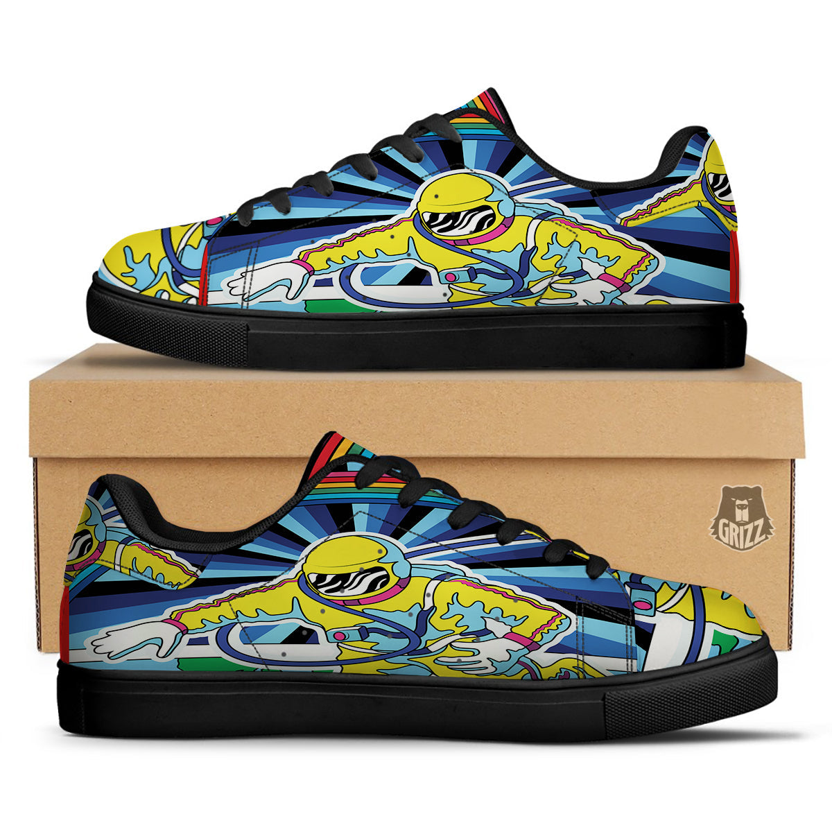 Psychedelic Space And Astronaut Print Black Low Top Sneakers-grizzshop