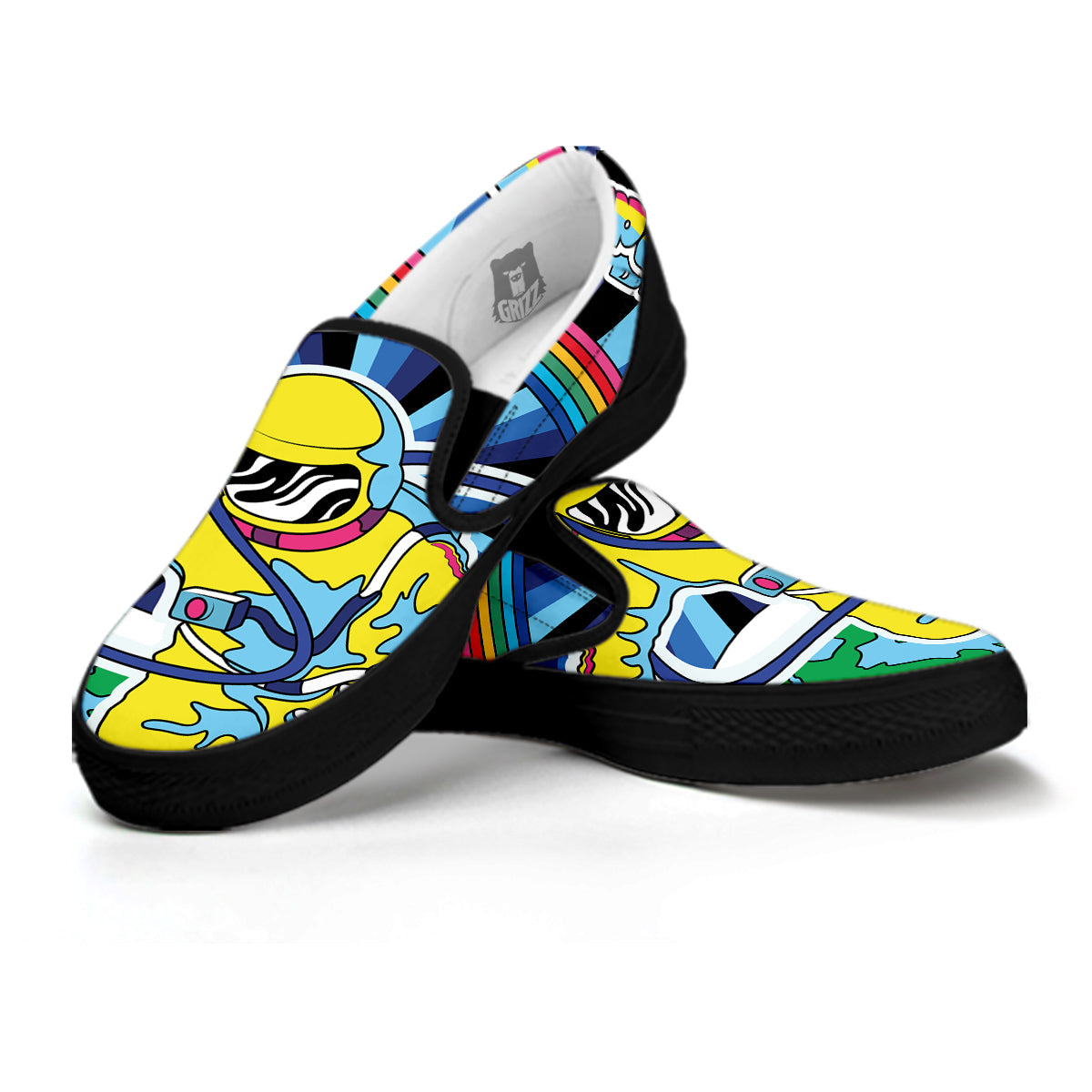 Psychedelic Space And Astronaut Print Black Slip On Shoes-grizzshop