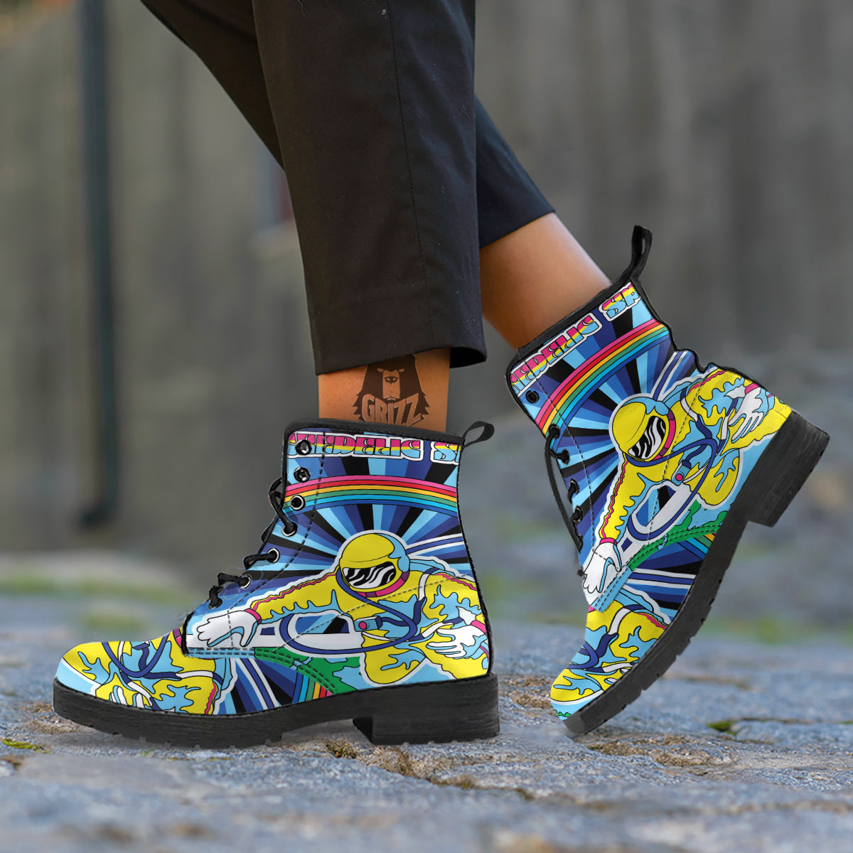 Psychedelic Space And Astronaut Print Leather Boots-grizzshop