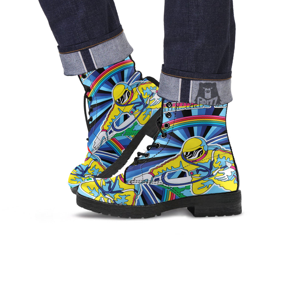 Psychedelic Space And Astronaut Print Leather Boots-grizzshop