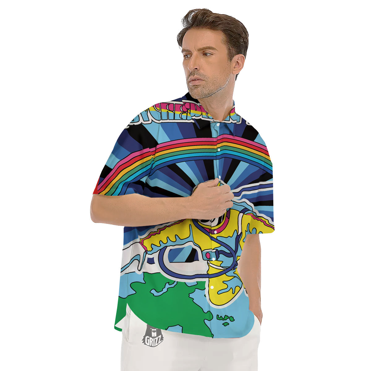 Psychedelic Space And Astronaut Print Men's Short Sleeve Shirts-grizzshop