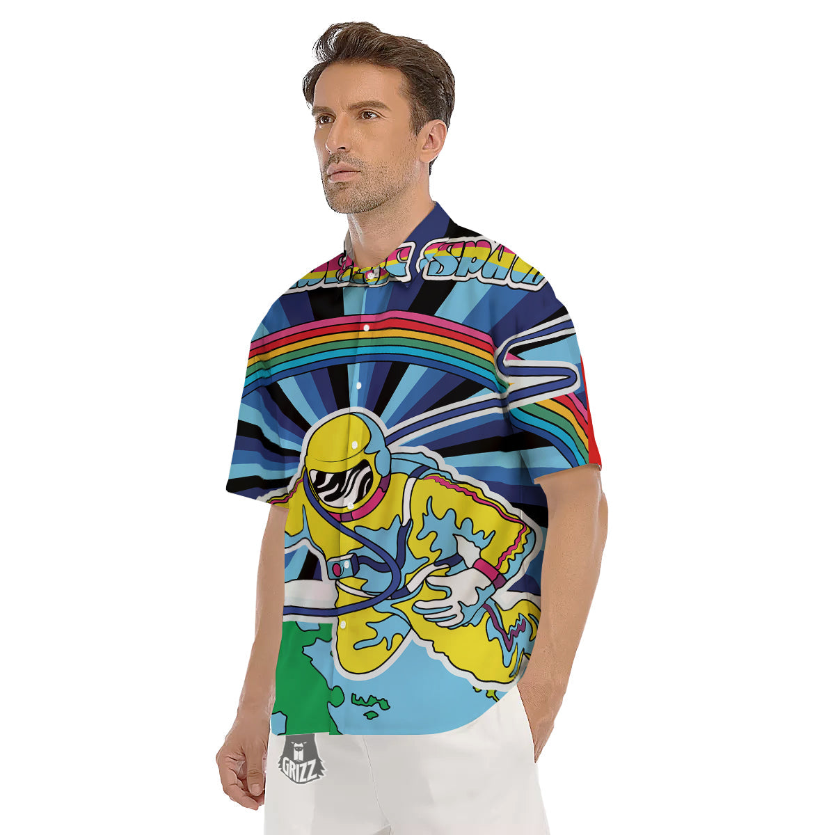 Psychedelic Space And Astronaut Print Men's Short Sleeve Shirts-grizzshop