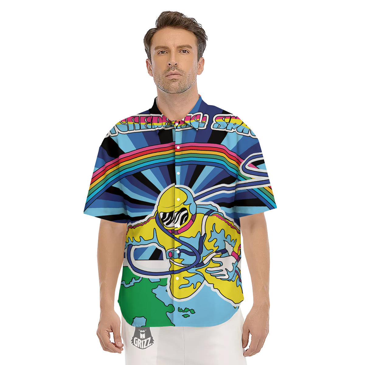 Psychedelic Space And Astronaut Print Men's Short Sleeve Shirts-grizzshop