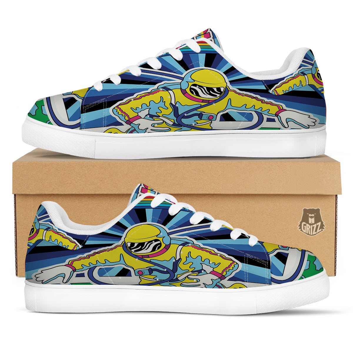 Psychedelic Space And Astronaut Print White Low Top Sneakers-grizzshop
