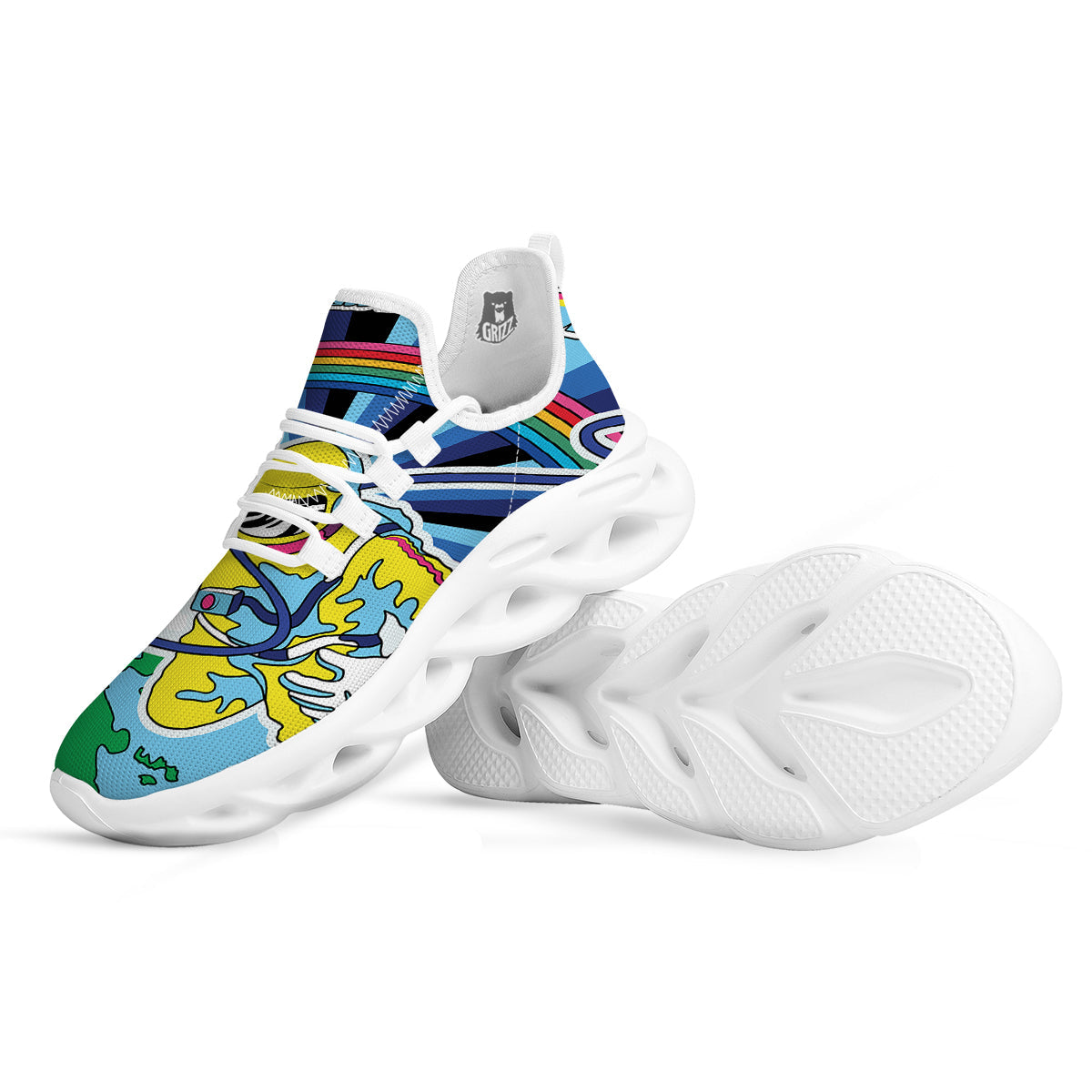 Psychedelic Space And Astronaut Print White Running Shoes-grizzshop