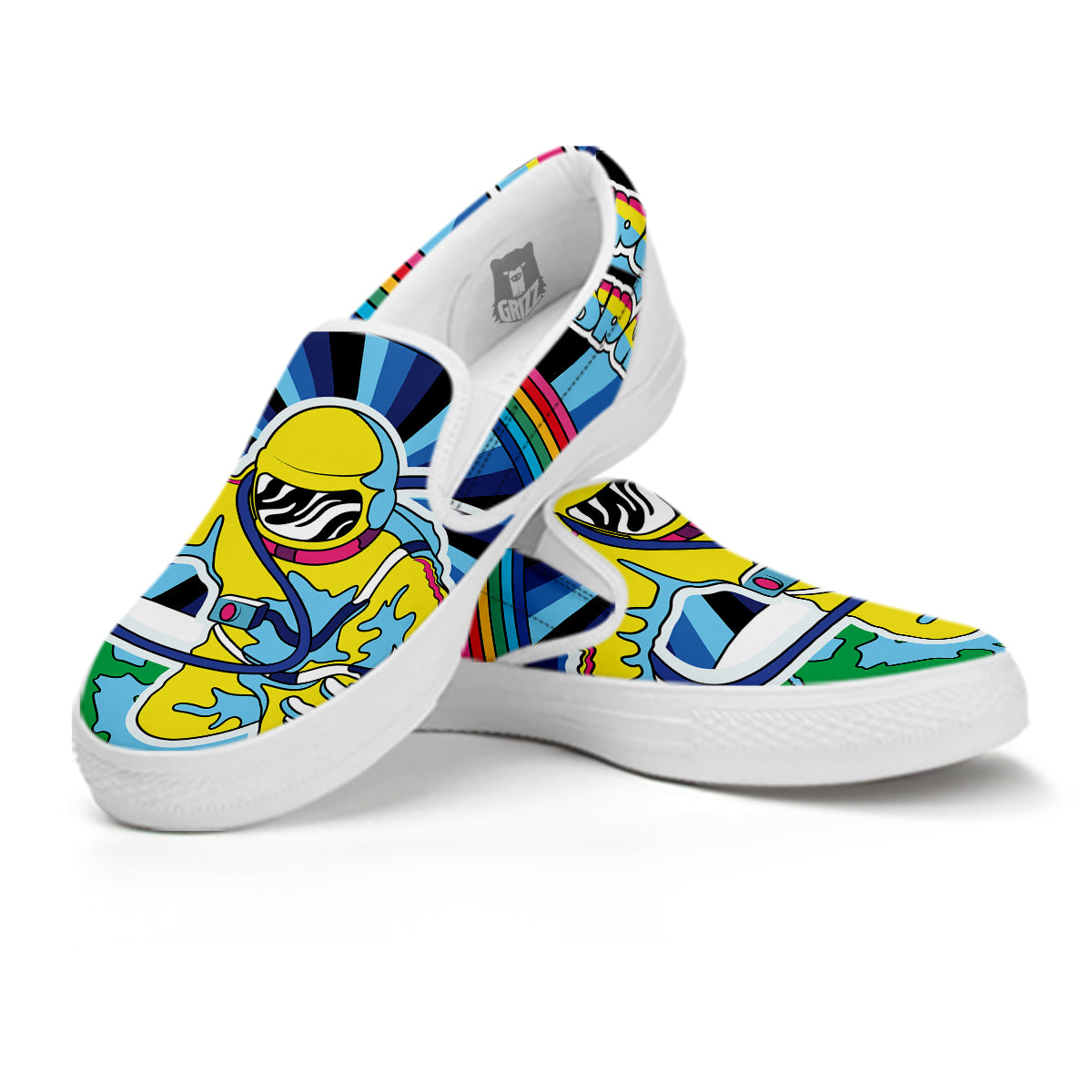 Psychedelic Space And Astronaut Print White Slip On Shoes-grizzshop