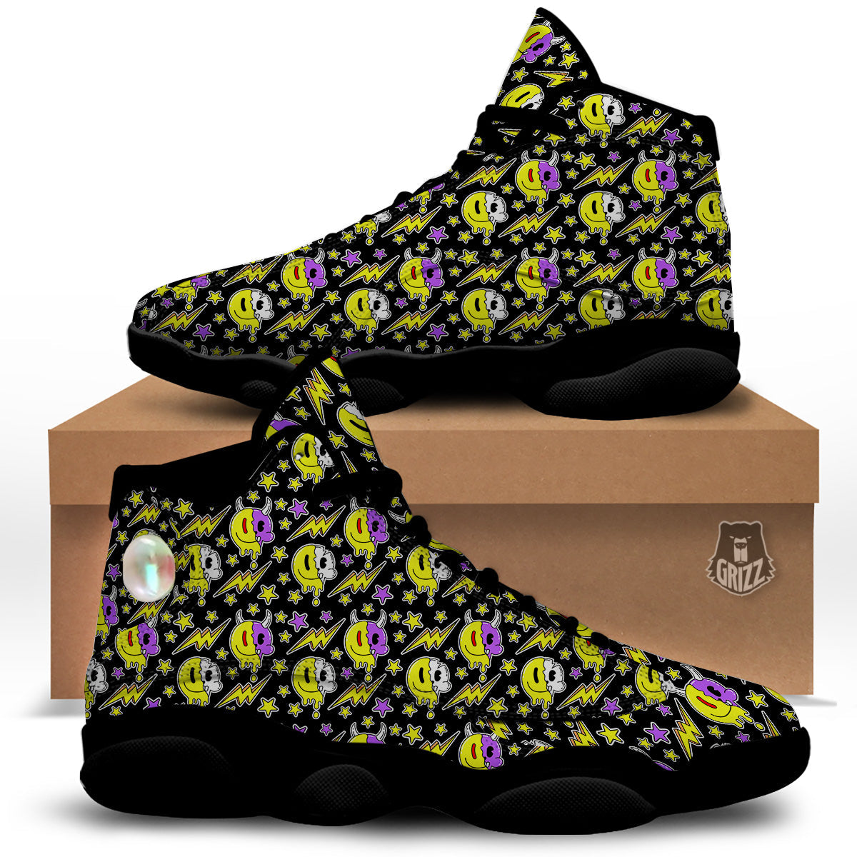 Psychedelic Trippy Acid Emoji Print Pattern Black Basketball Shoes-grizzshop