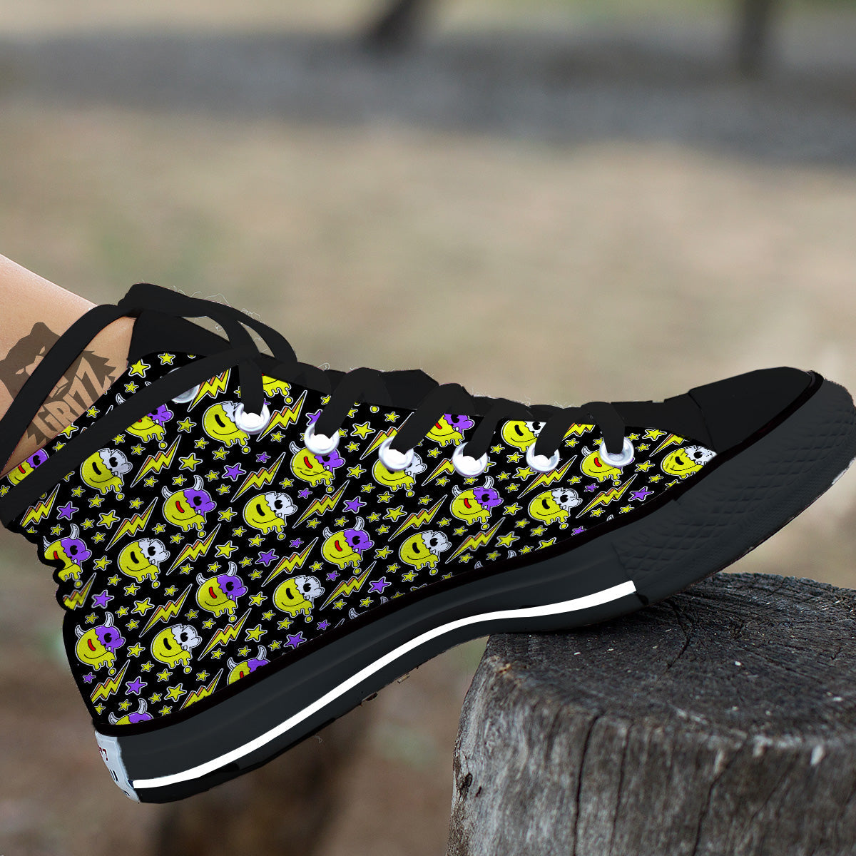 Psychedelic Trippy Acid Emoji Print Pattern Black High Top Shoes-grizzshop