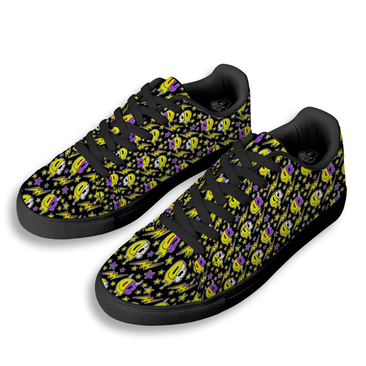Psychedelic Trippy Acid Emoji Print Pattern Black Low Top Sneakers-grizzshop