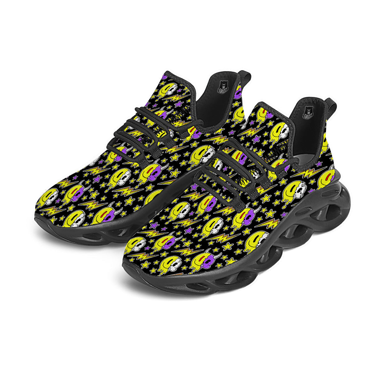 Psychedelic Trippy Acid Emoji Print Pattern Black Running Shoes-grizzshop