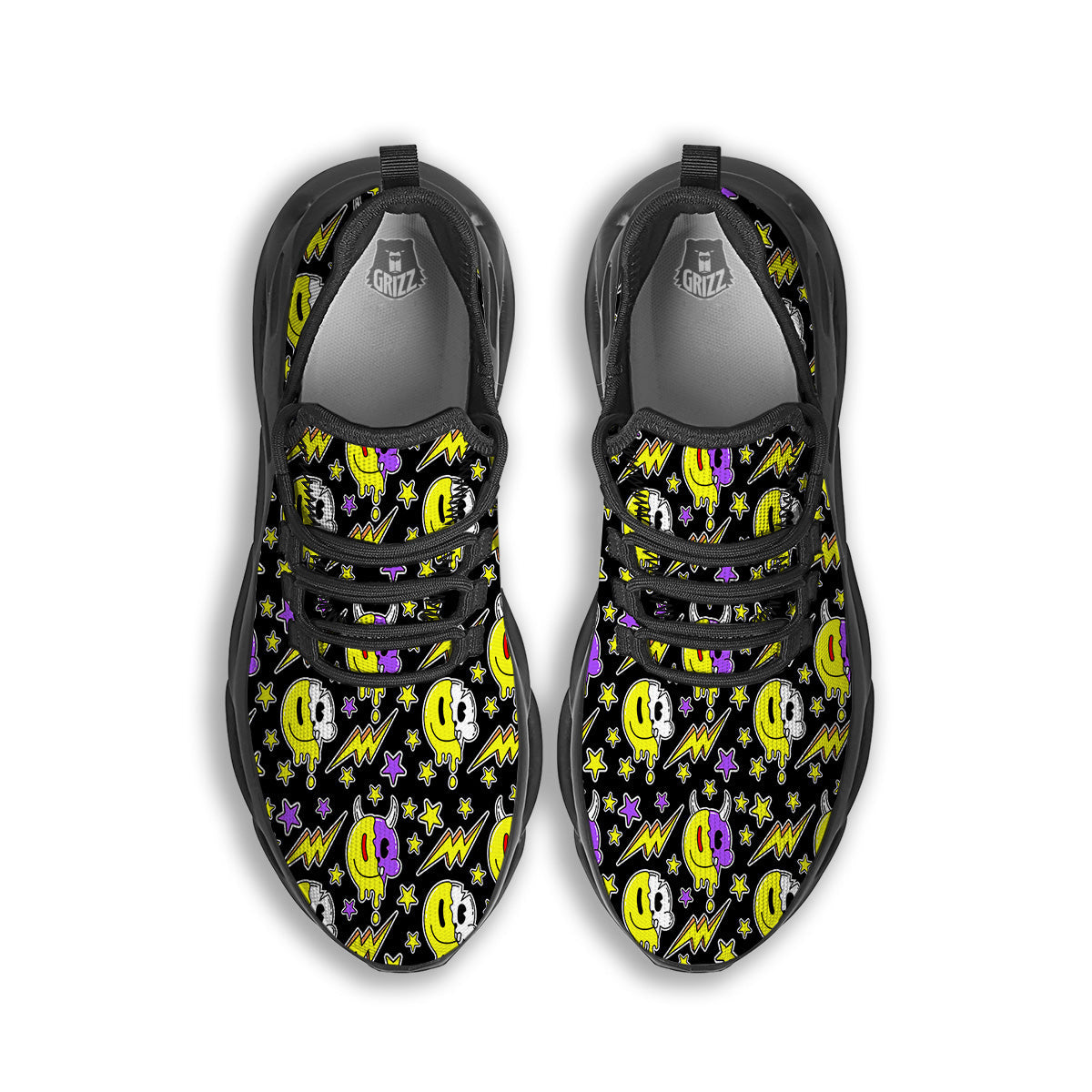 Psychedelic Trippy Acid Emoji Print Pattern Black Running Shoes-grizzshop