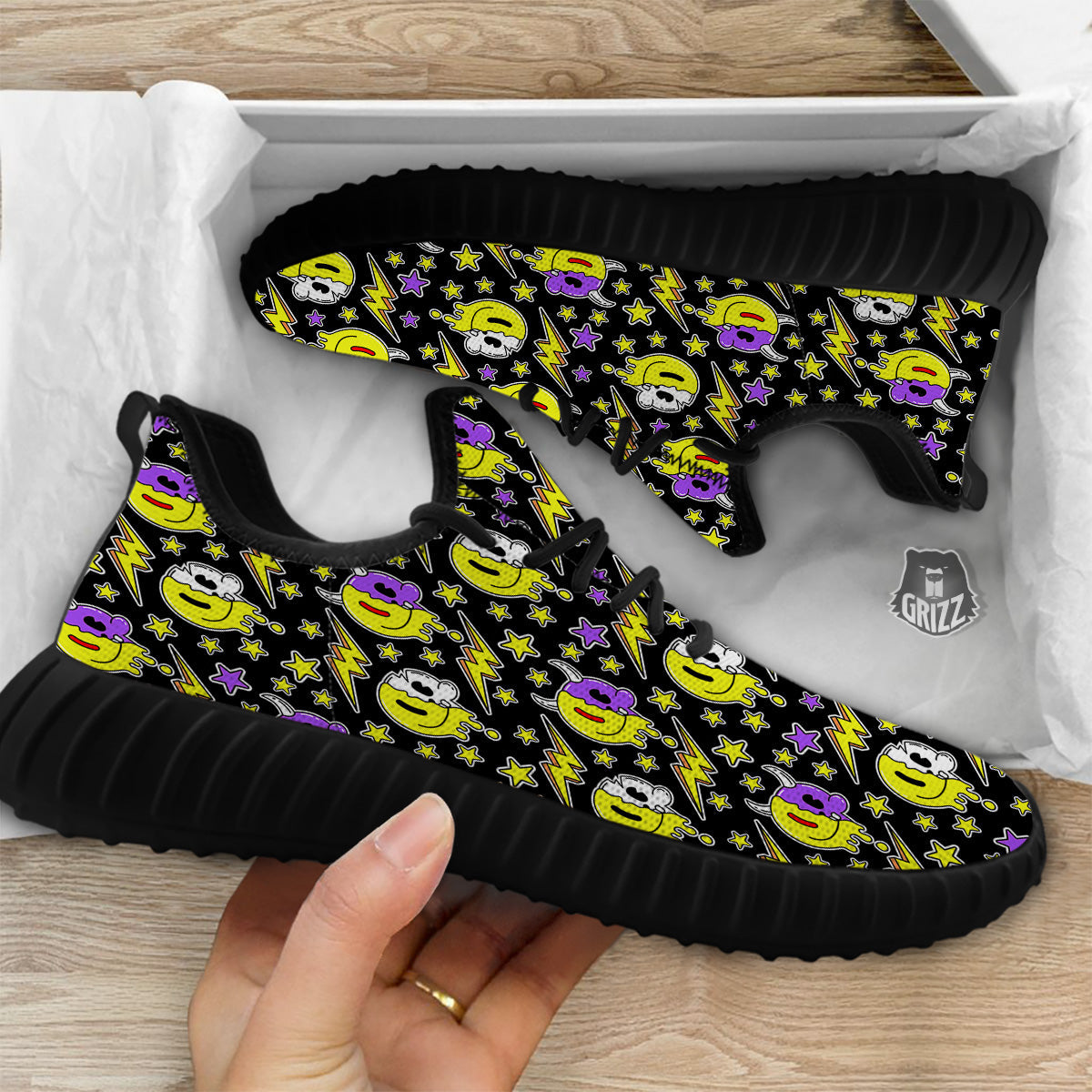 Psychedelic Trippy Acid Emoji Print Pattern Black Walking Shoes-grizzshop