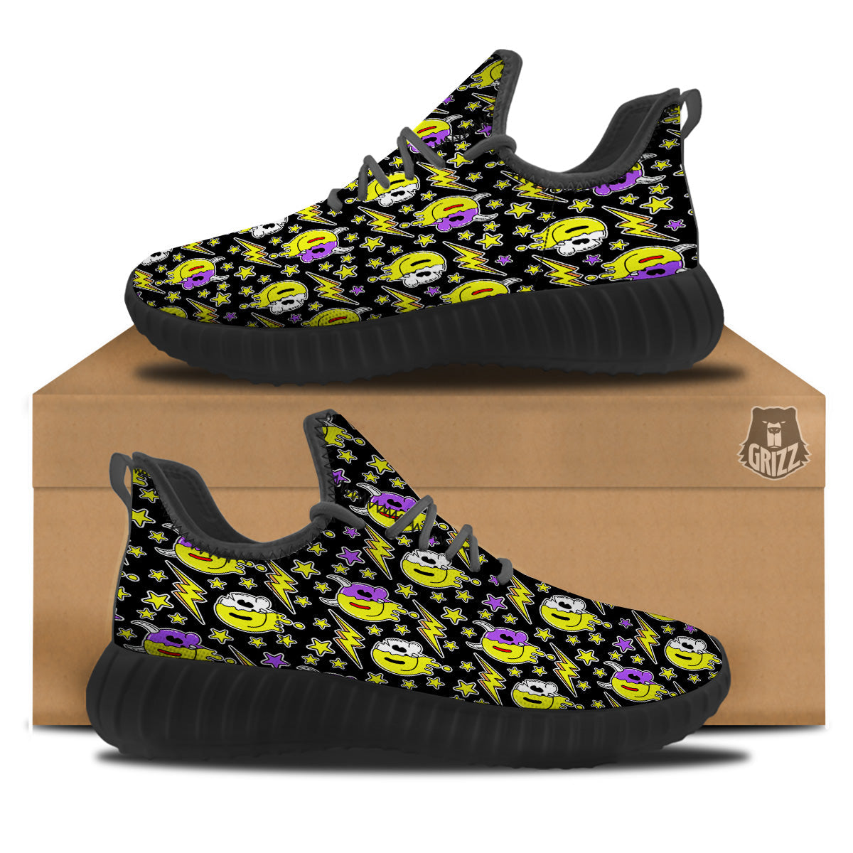 Psychedelic Trippy Acid Emoji Print Pattern Black Walking Shoes-grizzshop