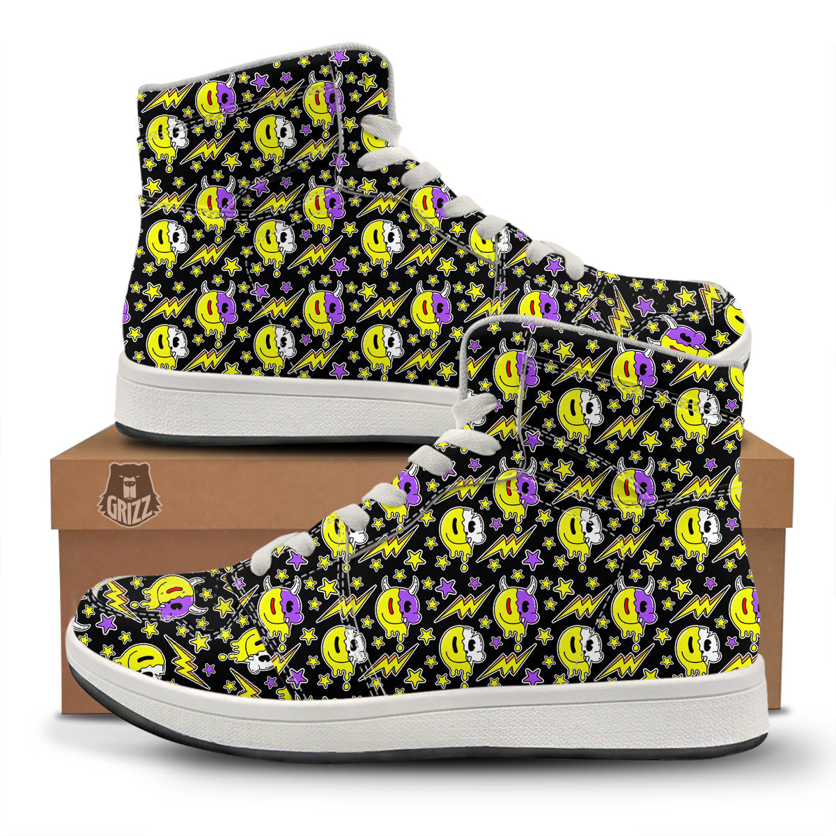 Psychedelic Trippy Acid Emoji Print Pattern High Top Sneakers-grizzshop