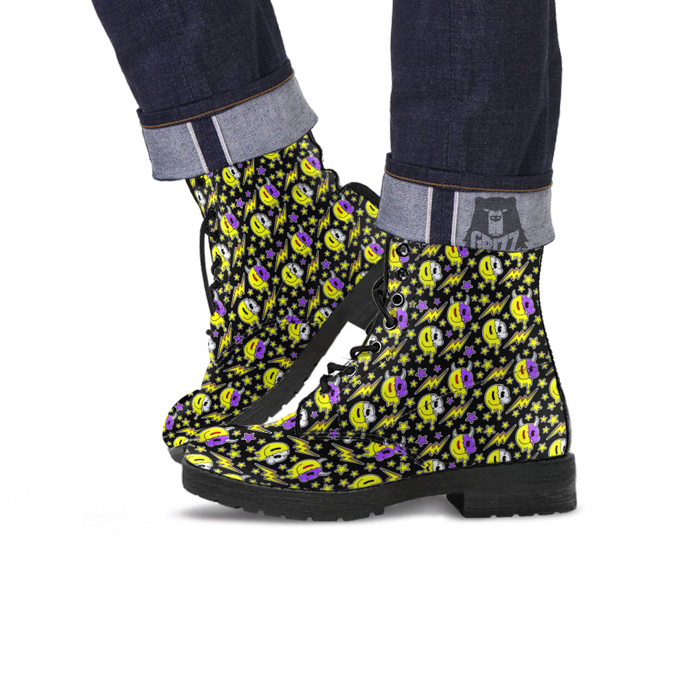 Psychedelic Trippy Acid Emoji Print Pattern Leather Boots-grizzshop