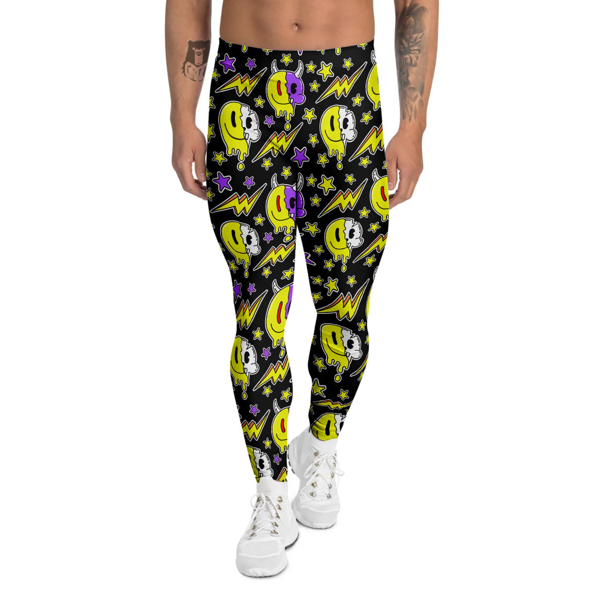 Psychedelic Trippy Acid Emoji Print Pattern Men's Leggings-grizzshop