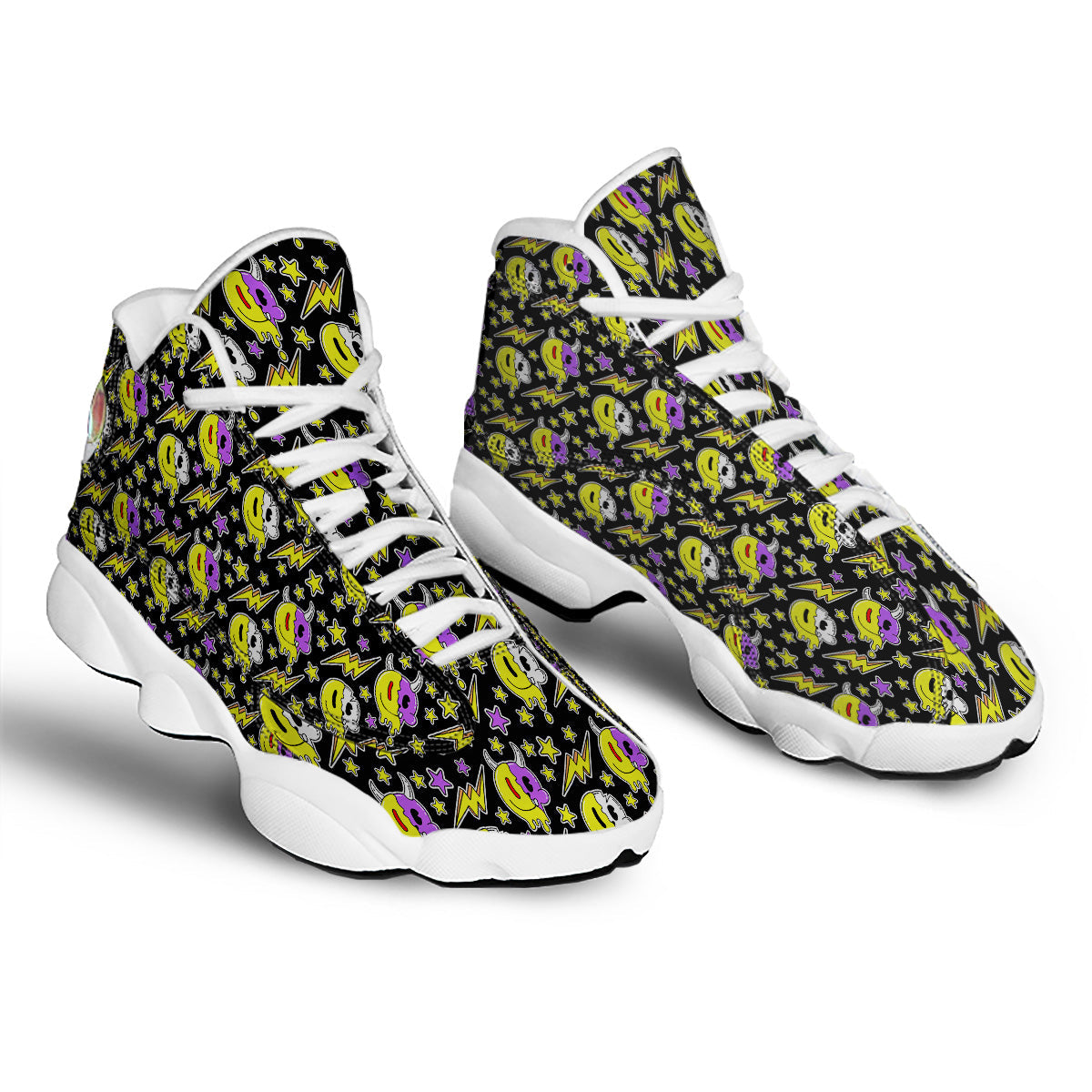 Psychedelic Trippy Acid Emoji Print Pattern White Basketball Shoes-grizzshop