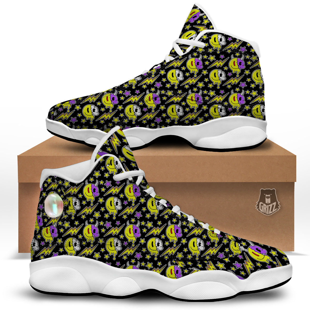 Psychedelic Trippy Acid Emoji Print Pattern White Basketball Shoes-grizzshop