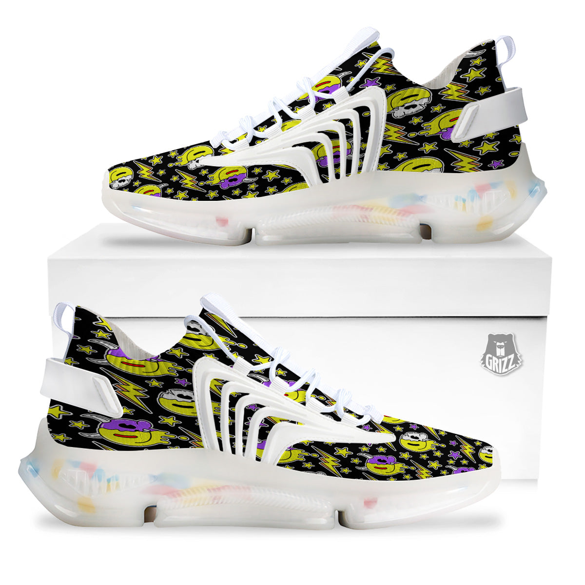 Psychedelic Trippy Acid Emoji Print Pattern White Gym Shoes-grizzshop